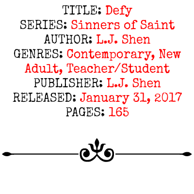 Defy (Sinners of Saints Series, Book #2) by L.J. Shen | Review on www.bxtchesbeblogging.com